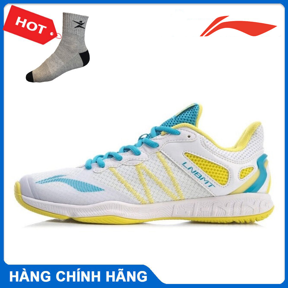 Giày cầu lông Lining AYTS046-1, giày cầu lông dành cho nữ, mẫu mới màu trắng phối vàng -tặng tất thể thao bendu