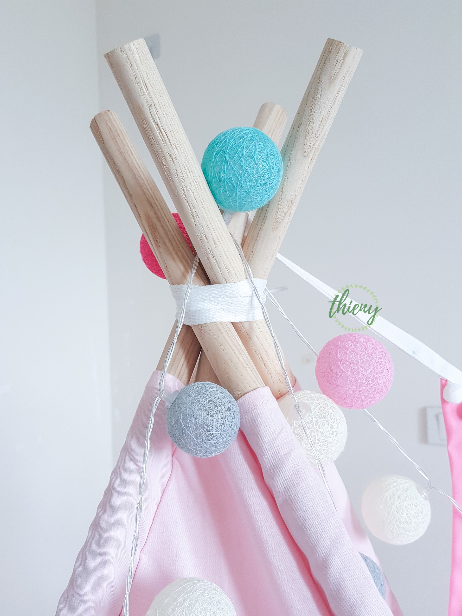 Lều vải cho bé gái màu Hồng công chúa vải 100% cotton khaki, cọc gỗ tự nhiên | Light pink Teepee with stabilizer