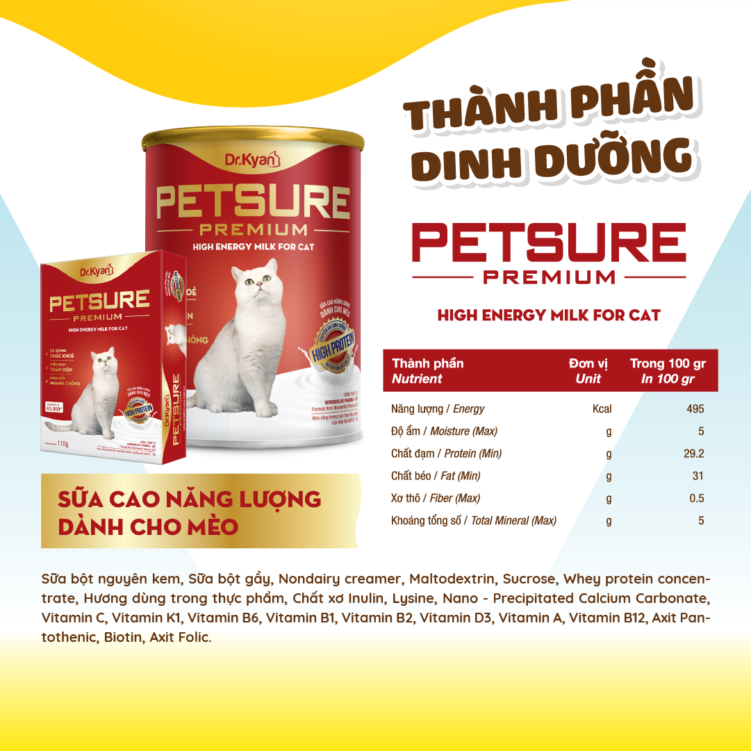 Dr.Kyan - Sữa bột PETSURE - Cao năng lượng cho mèo lon 400g