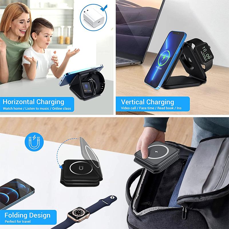 Có thể gập lại 3 trong 1 Bộ sạc không dây cho iPhone 14 13 11 12 Pro Max Mini Sạc từ tính nhanh cho Apple Watch 7 6 Airpod 3