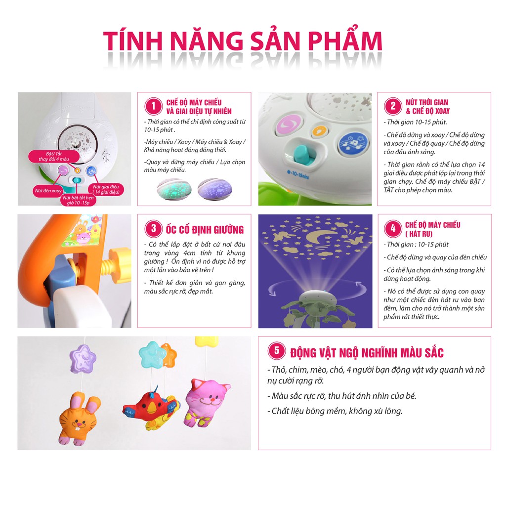 Treo nôi cũi ru ngủ giai điệu nhạc trắng chiếu đèn trăng sao Winfun 0845: hình thú vui nhộn kích thích thị giác trẻ