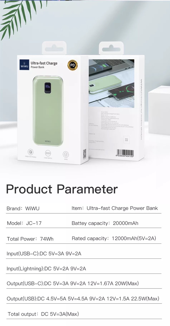 Pin dự phòng Wiwu Ultra-fast Charge JC-17 Dành Cho Điện Thoại, Ipad Sạc An Toàn Trên Máy Bay, Sạc Được Hai Thiết Bị Cùng Một Lúc - Hàng Chính Hãng