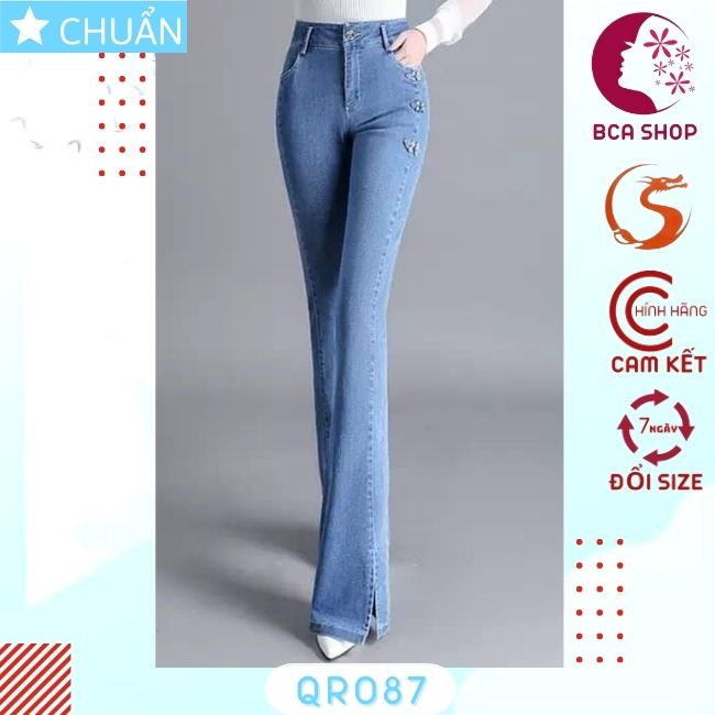 Quần jean nữ ống loe QRO87 ROSATA tại BCASHOP dáng dài, lưng cao, phom chuẩn nhấn 3 điểm bên hông, chất liệu jean cao cấp - màu xanh nhạt