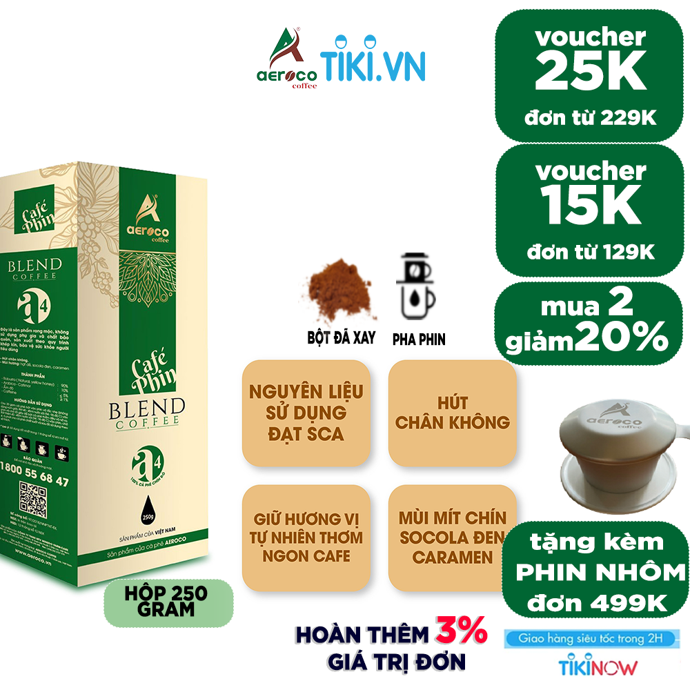 Đặc Sản Buôn Mê Thuột - Cà Phê Đặc Sản Aeroco A4, Hộp 250G, Pha Phin, Nguyên Chất 100% Rang Mộc Hậu Vị Ngọt Thơm Quyến Rũ