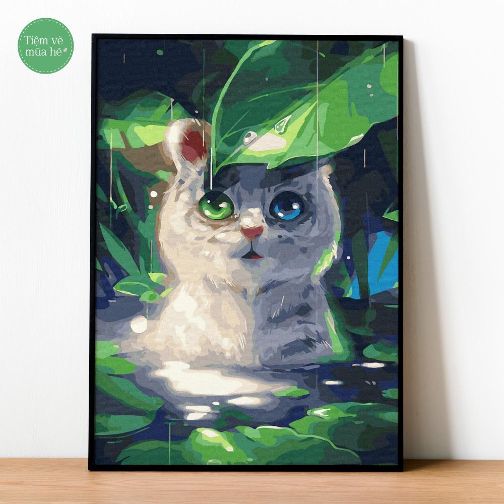 Tranh tô màu theo số - Chú mèo dưới tán lá đã căng khung 40x50cm