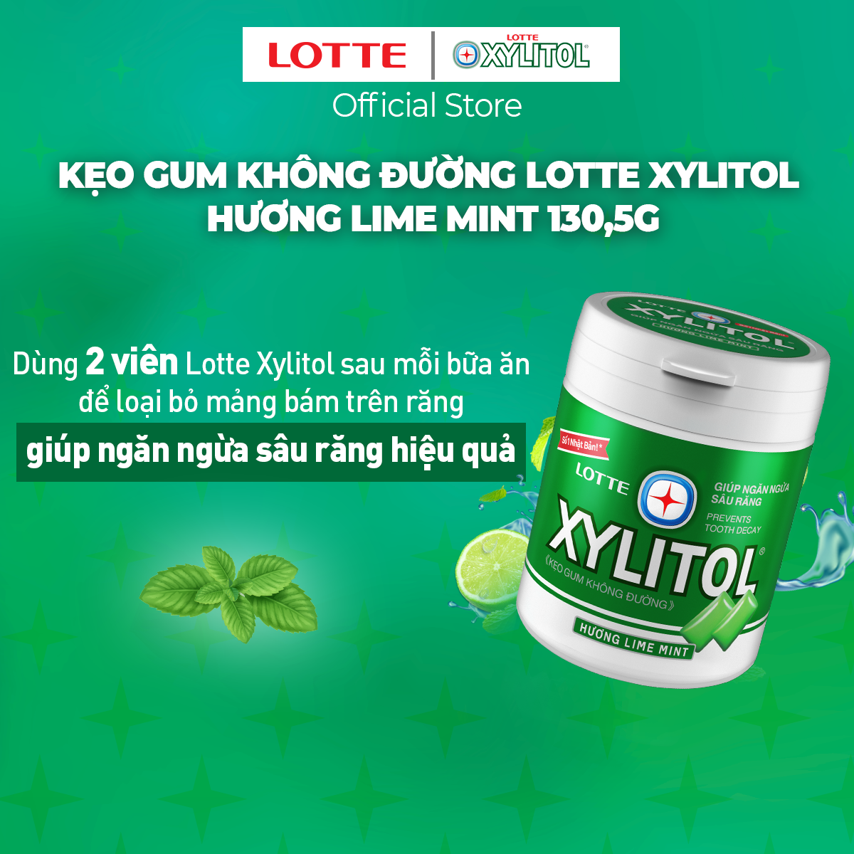 Combo 6 hũ Kẹo Gum không đường Lotte Xylitol - Hương Lime Mint 130,5 g