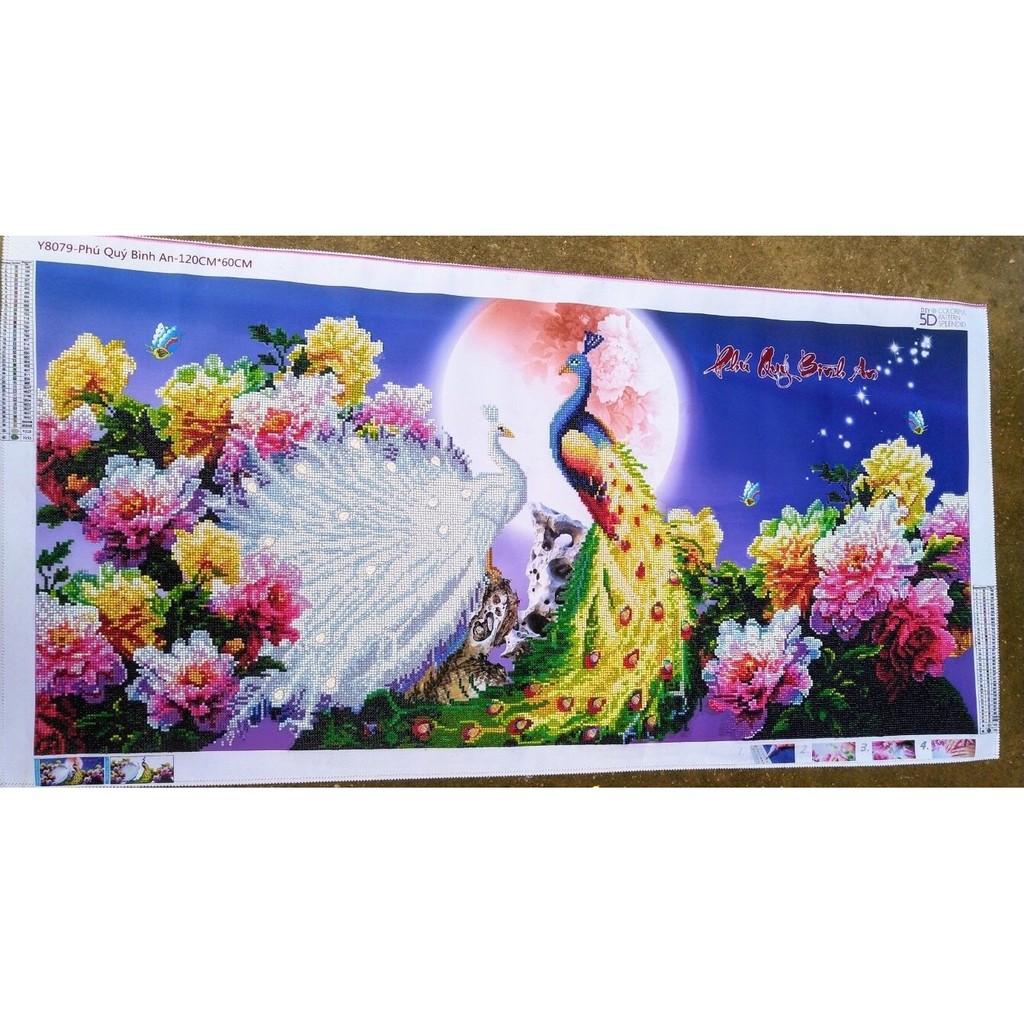 Tranh đính đá chim công phú quý bình an KT 120x60cm