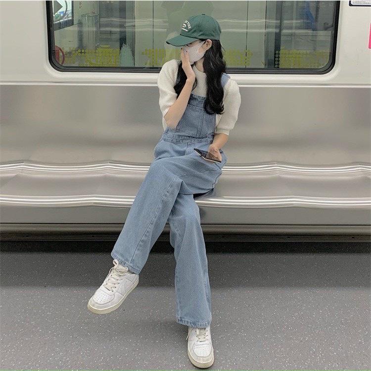 Quần Yếm Jeans Nữ Trơn Phối Túi Trước 2 Dây Dáng Rộng Fullsize 3 Màu Siêu Xinh