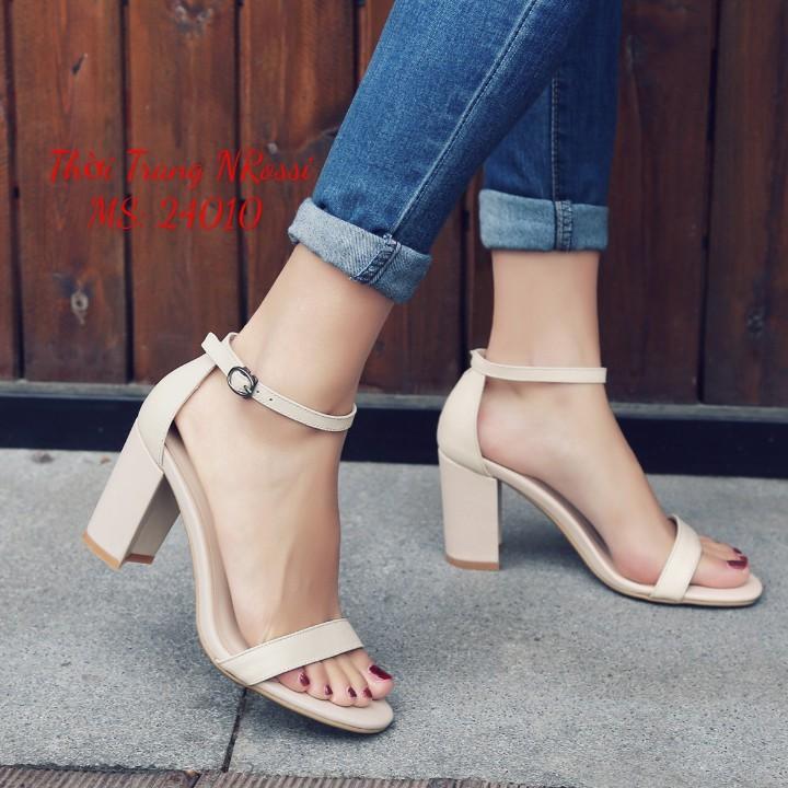 FREESHIP Giày sandal cao gót quai ngang 7 phân màu đen Big size 40 41 42 43 44
