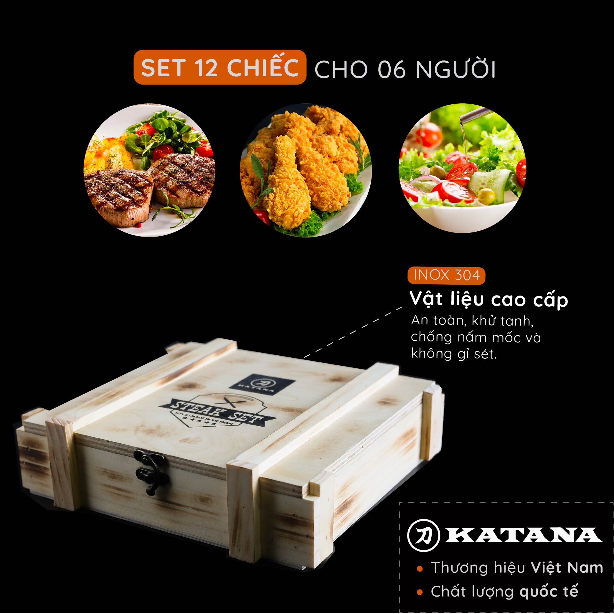 Bộ 12 chiếc dao dĩa KATANA Steak Hộp gỗ cao cấp - KATASTK01