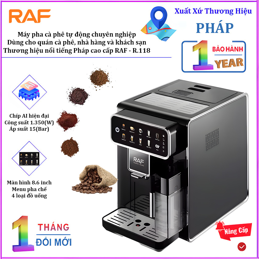 Máy pha cà phê tự động chuyên nghiệp. Thương hiệu Pháp cao cấp RAF - R.118 - HÀNG CHÍNH HÃNG