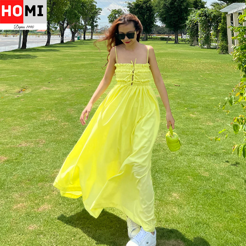 Đầm hai dây Maxi dáng dài nhún chun ngực DOLLY Dress hot trend Homi Fashion 3 màu: Vàng,Xánh,Hồng