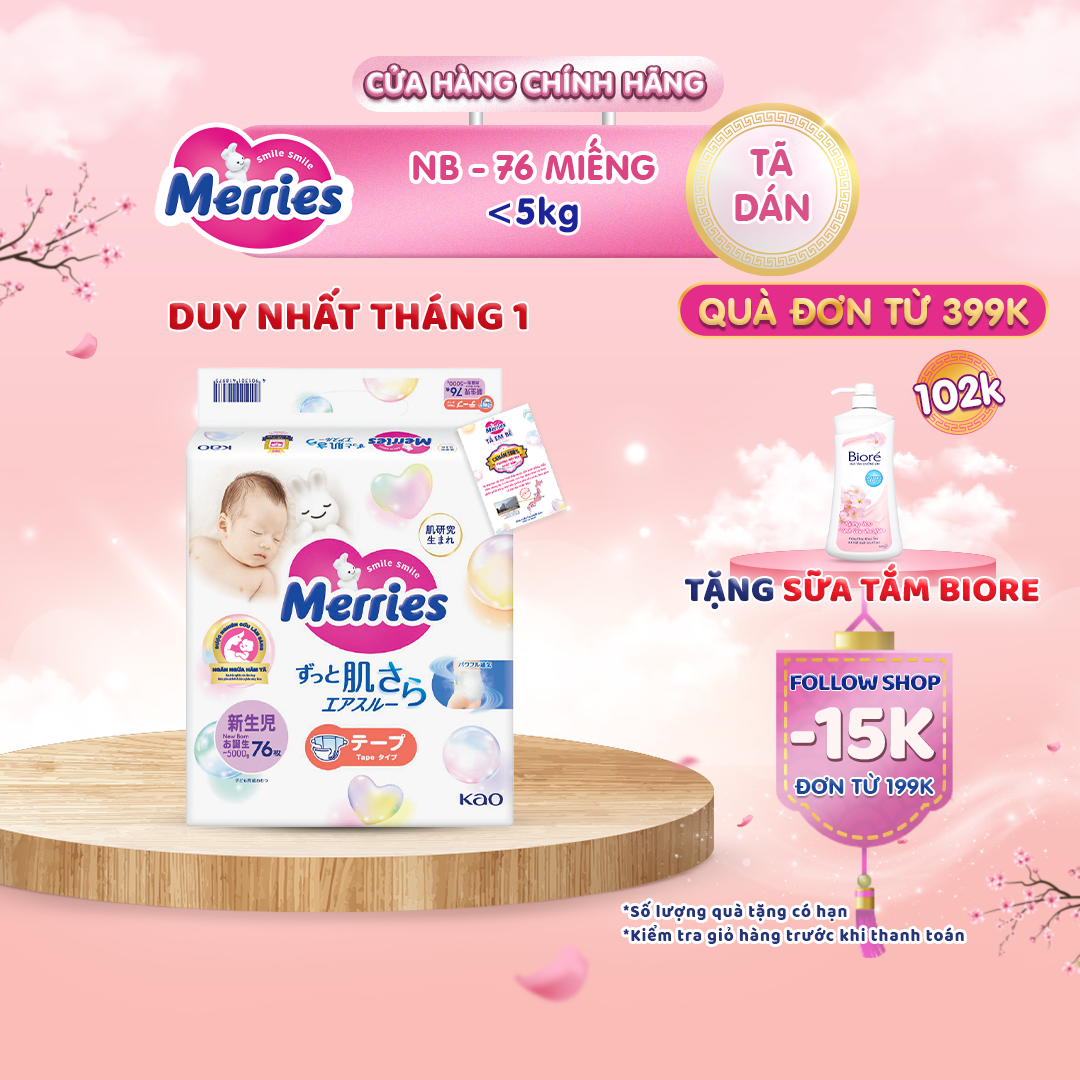 Tã/bỉm dán Merries size NB - 76 miếng (dành cho bé dưới 5kg)