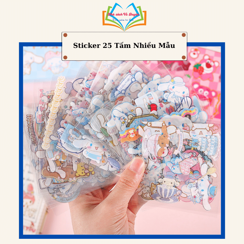 Túi 25 Tờ Sticker Sanrio, Gấu Dâu, Cinnamoroll, Thỏ Tai Hồng