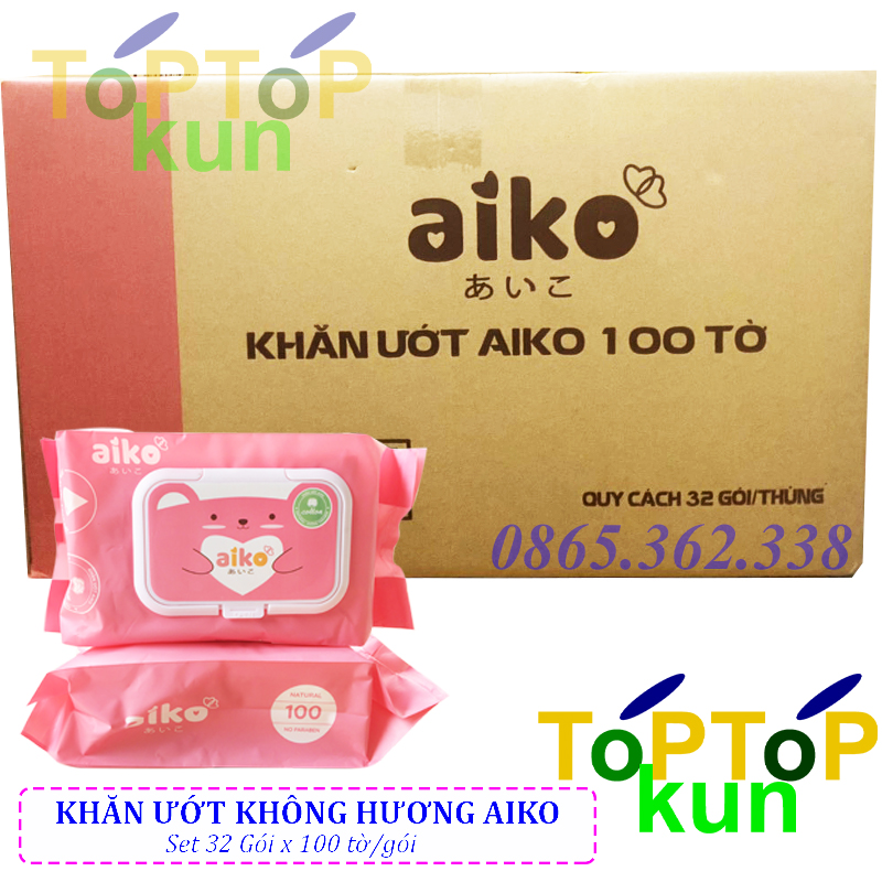 Thùng 32 Gói Khăn Giấy Ướt Aiko 100 tờ/gói Không Hương