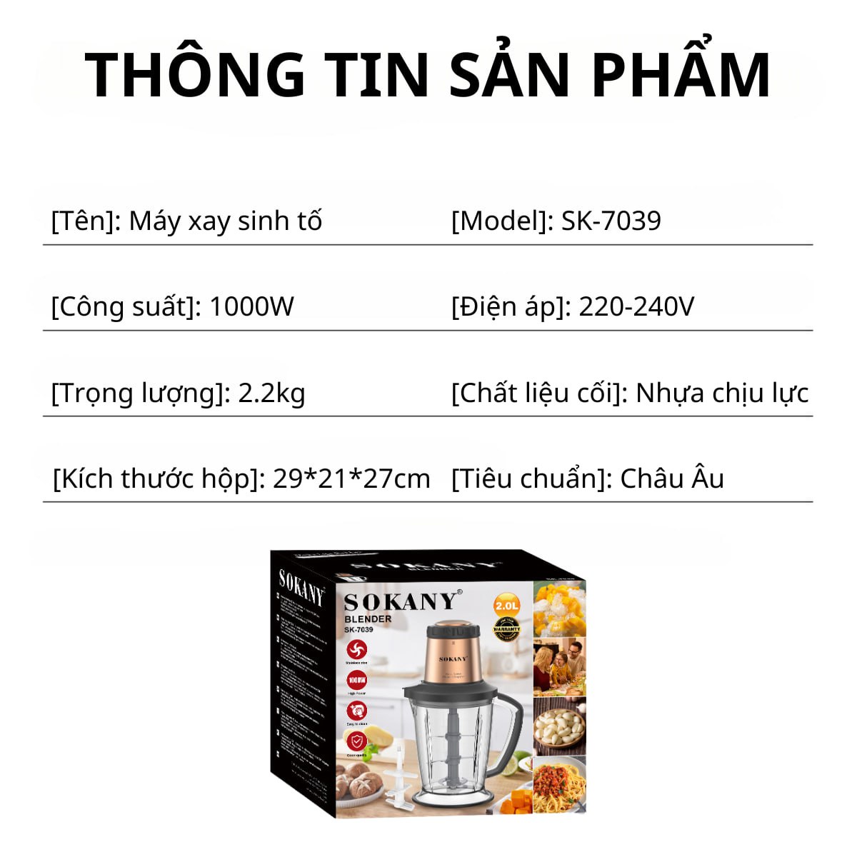 Máy xay sinh tố đa năng  SOKANY SK-7039 công suất cao 1000W xay được đá viên kèm lưỡi bóc tỏi tiện lợi- HÀNG CHÍNH HÃNG