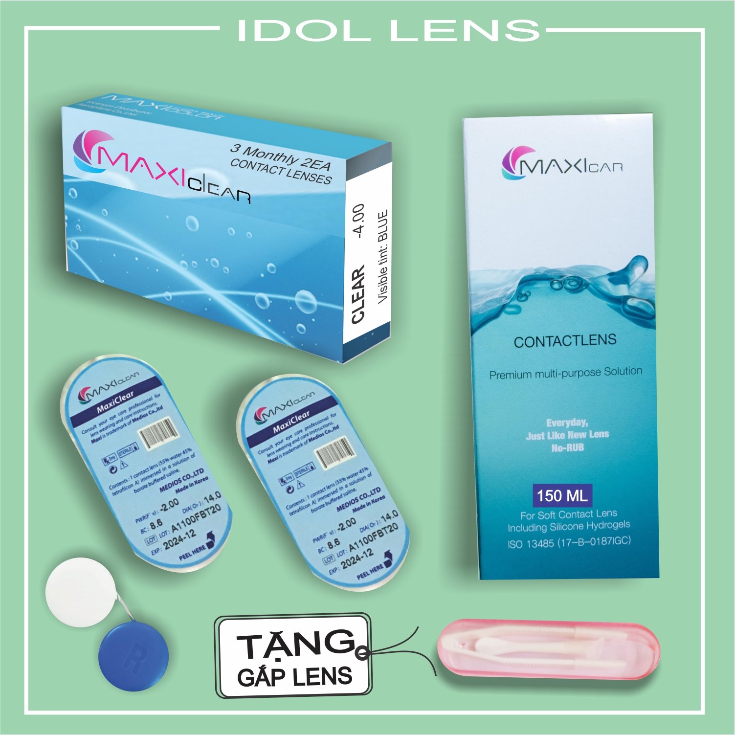 Combo lens cận không màu, nước ngâm lens 150ml, gắp lens, khay ngâm lens