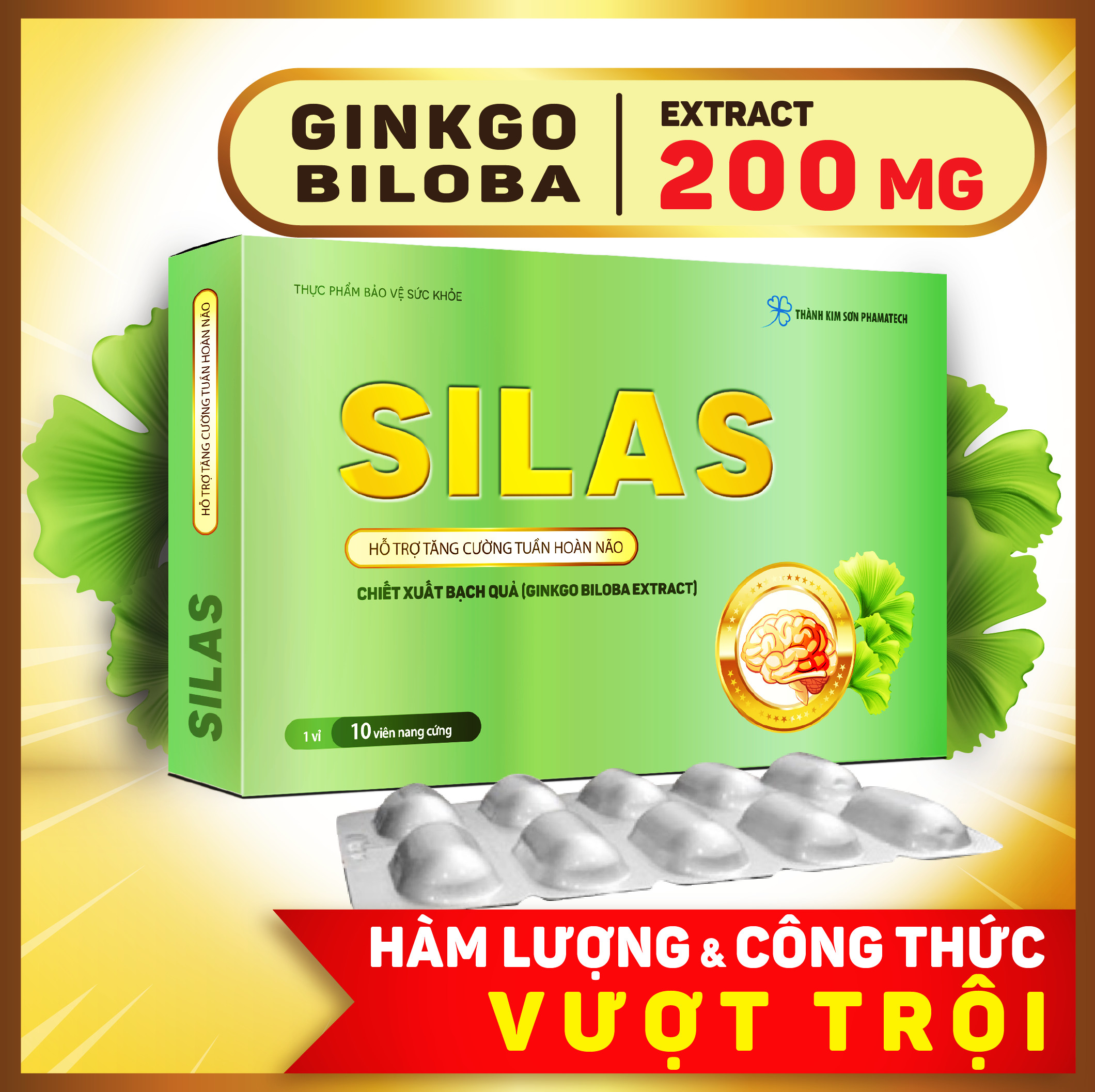 Thực phẩm chức năng - BỔ NÃO SILAS, GINKO BILOBA EXTRACT 200MG - chỉ uống 1 VIÊN/NGÀY - Tăng cường tuần hoàn máu, năng lượng não, giảm mệt mỏi, thiếu ngủ, đau nhức, căng thẳng, cải thiện trí nhớ  (10 Viên /Hộp)