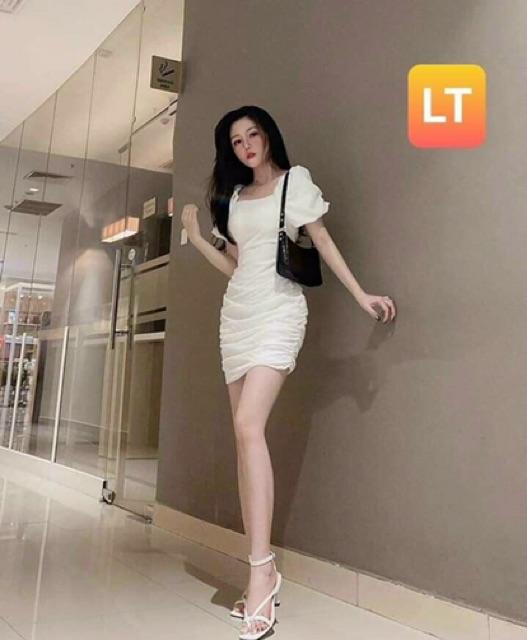 Đầm body tay phồng đan dây lưng cực sexy