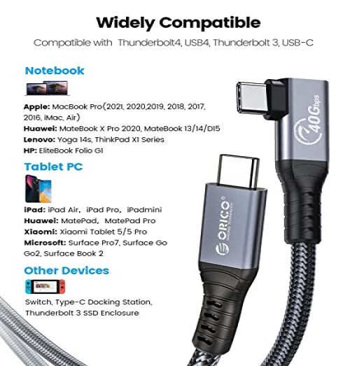 Cáp Sạc Nhanh Truyền Video ORICO TBW4-08-GY-BP Thunderbolt 4 Type-C USB 4.0 100W PD 40Gbps 8K60HZ cho DELL IPAD MacBook Pro - Hàng Chính Hãng