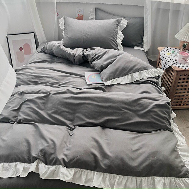 Bộ Chăn Ga Gối Cotton Tici Bèo Ren Trắng LIDACO Cao Cấp - Xám