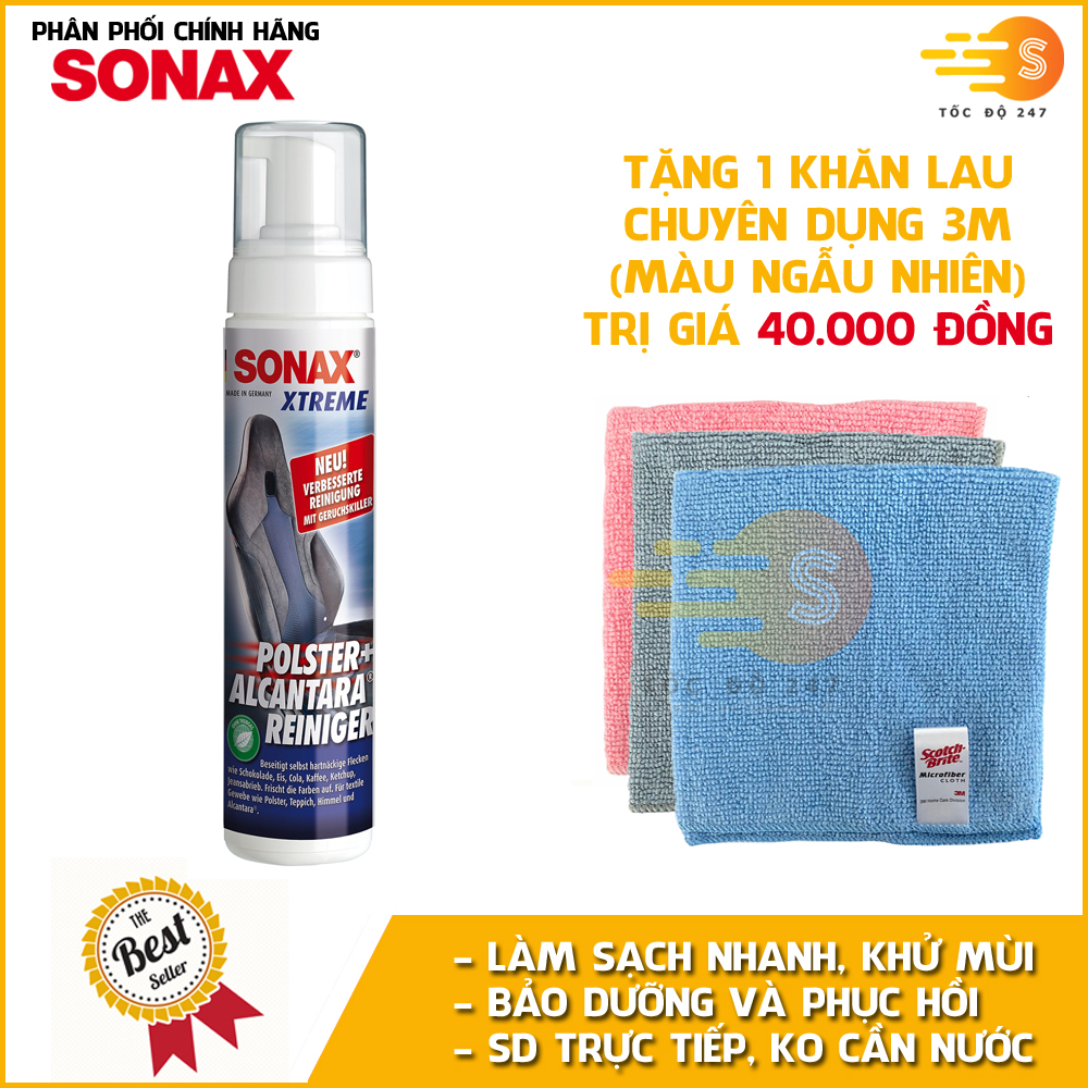 Chai xịt bọt làm sạch nhanh và khử mùi hôi trên vải, thảm, nỉ Sonax 206141 250ml - tặng 1 khăn 3M màu ngẫu nhiên - Dùng được cho pa-nen, trần xe, nệm ghế, nhựa và alcantara