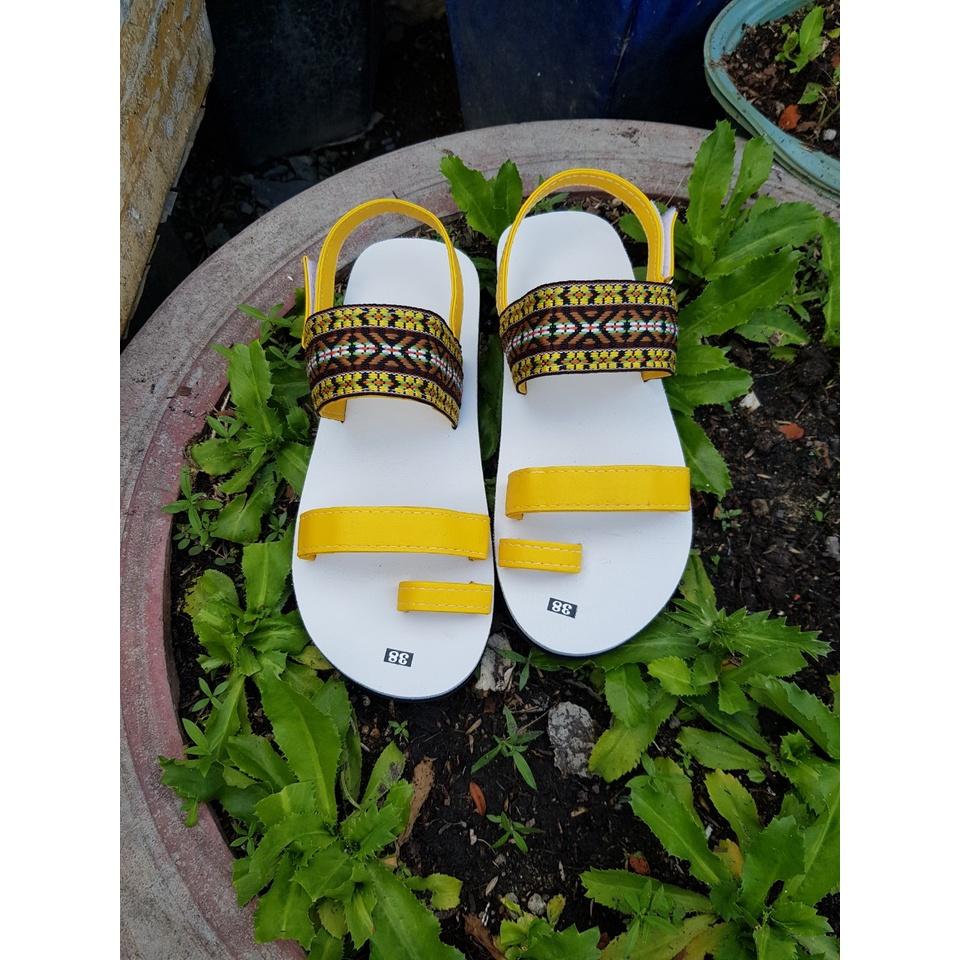 sandal đồng nai xăng đan nữ ( đế trắng quai vàng + thổ cẩm vàng ) size từ 34 nữ đến 42 nữ