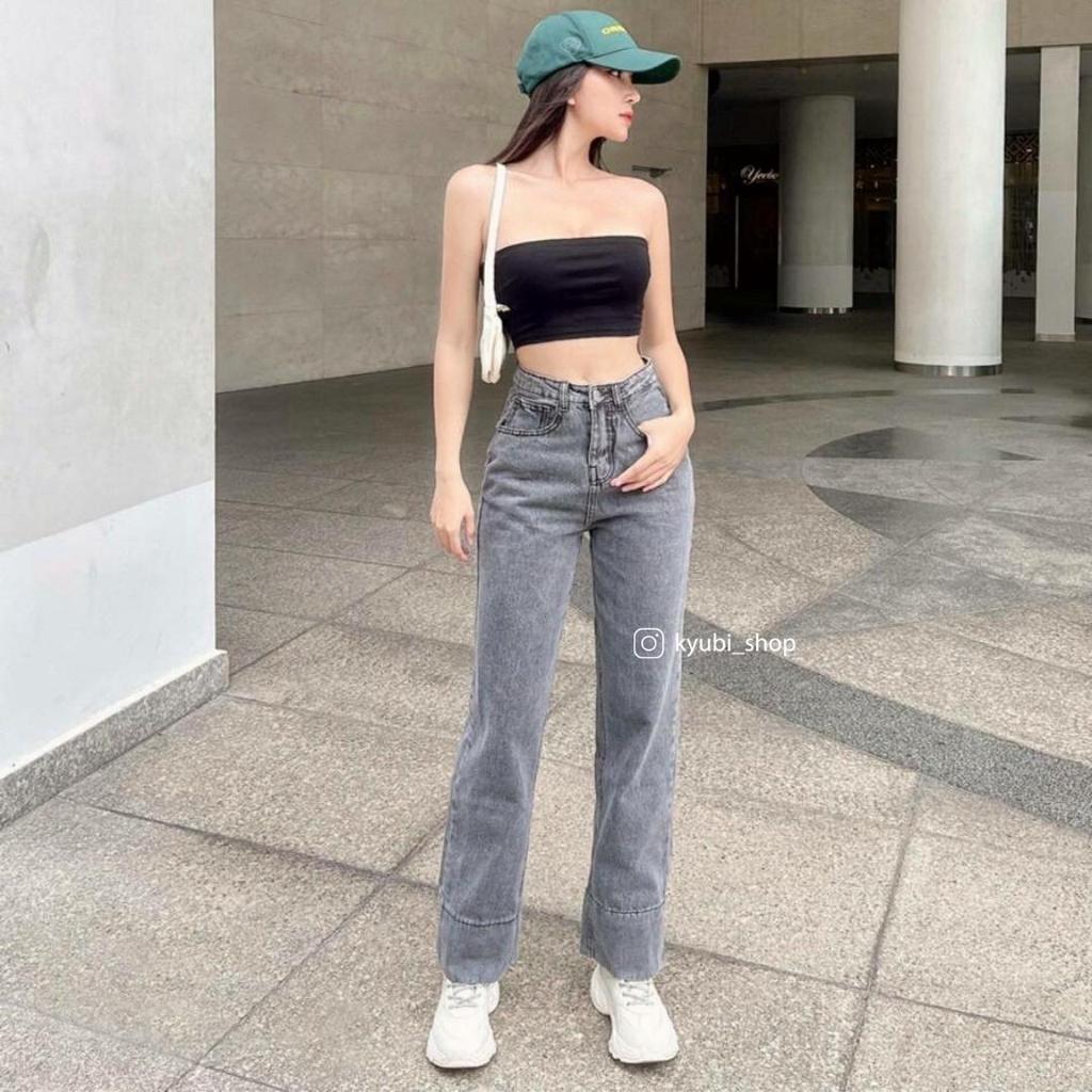 Quần jean nữ lưng cao dáng suông Ulzzang (Có Bigsize) - Quần jeans ống rộng suông cạp cao KYUBI BIGOES