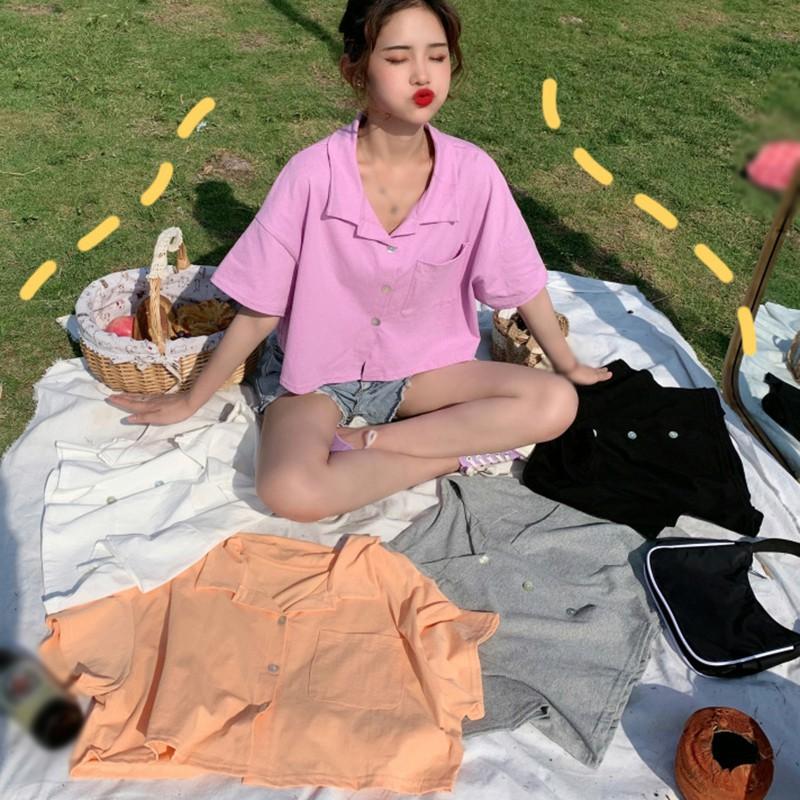 Áo Kiểu Tay Ngắn Dáng Rộng Màu Trơn Thiết Kế Thanh Lịch Cho Nữ