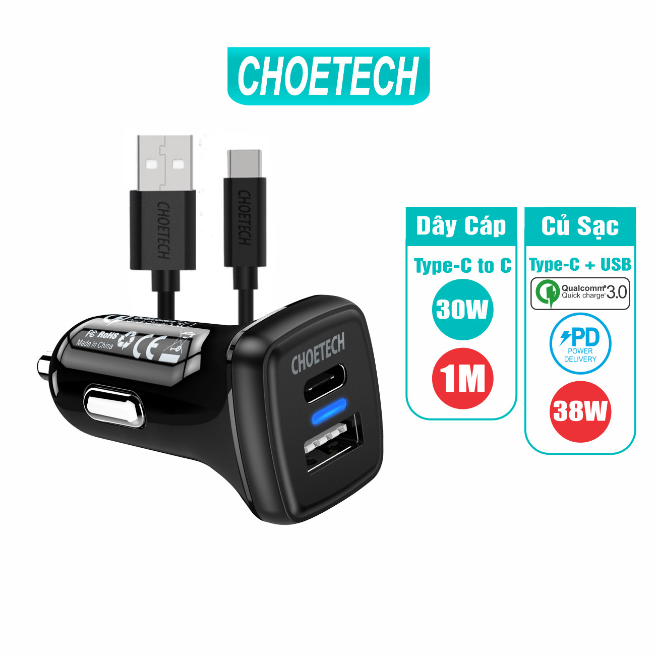 Bộ Củ Sạc Ô Tô CHOETECH 38W QC 3.0 18W, PD 20W TC0005 V2 + Cáp USB to Type C 1M 30W AC0001-1m-B  - Hàng Chính Hãng