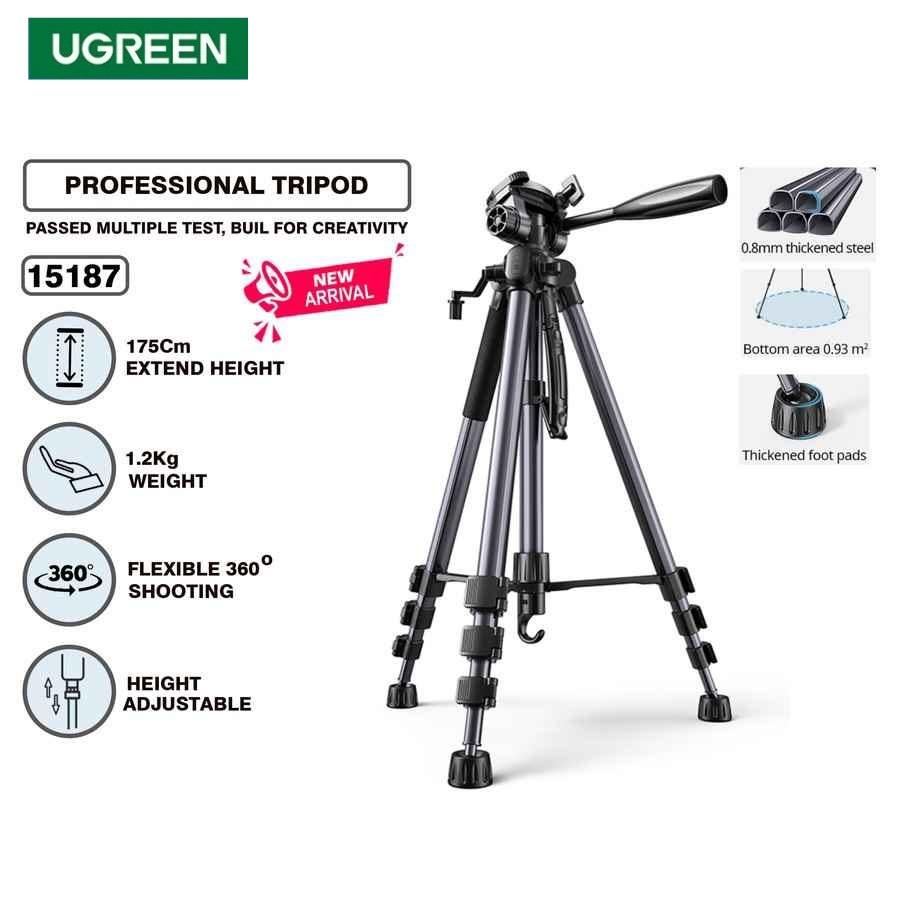 Ugreen UG15187LP661TK tripod 3 chân cao 55cm-170cm xoay 360 độ bằng nhôm Gậy tự chụp ảnh chuyên nghiệp chống trượt cho điện thoại hoặc máy ảnh đế màu đen max 5kg - HÀNG CHÍNH HÃNG