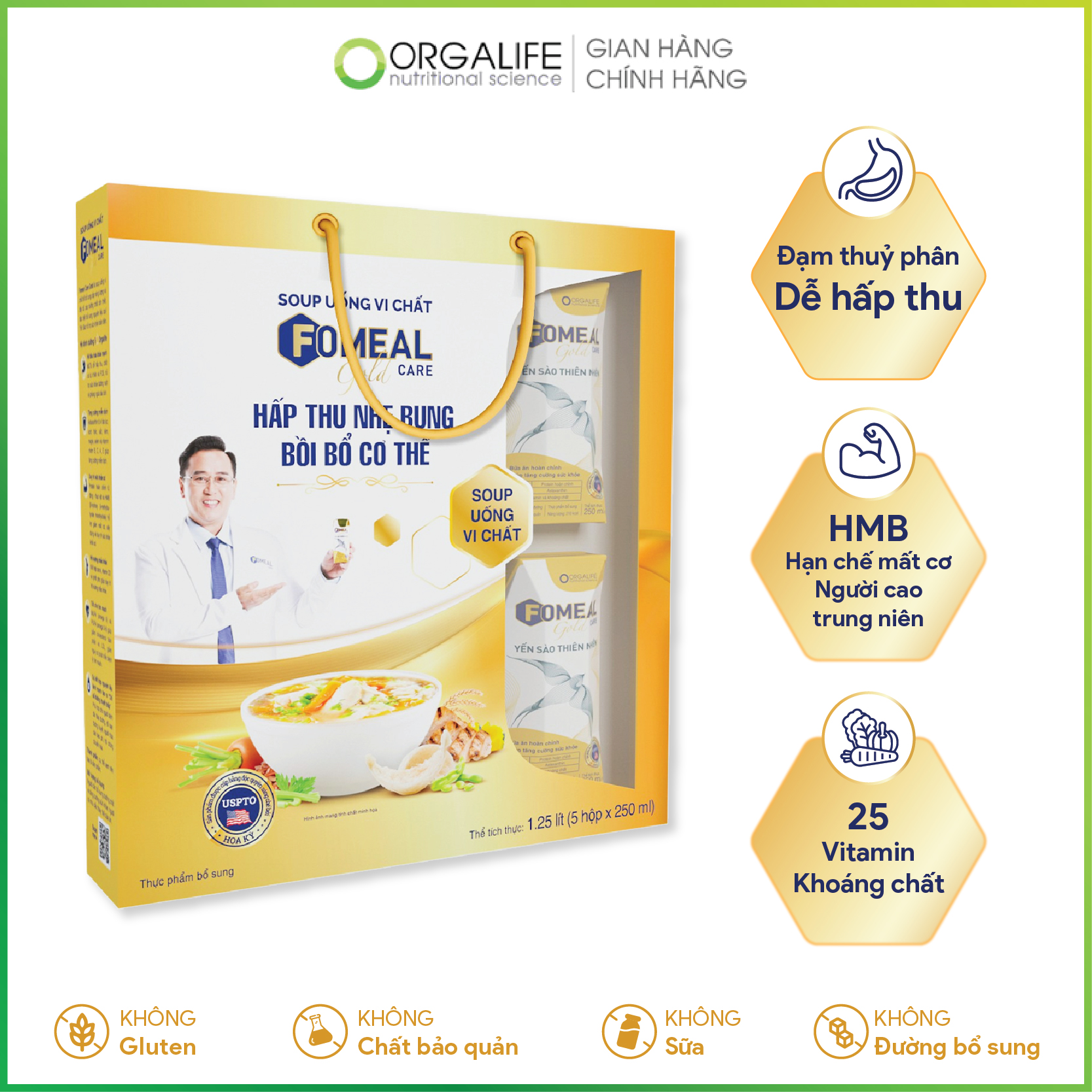 Hộp quà tặng cao cấp Súp uống vi chất Fomeal Care Gold Yến Sào Thiên Nhiên hấp thu nhẹ bụng, bổ sung HMB - bồi bổ sức khỏe
