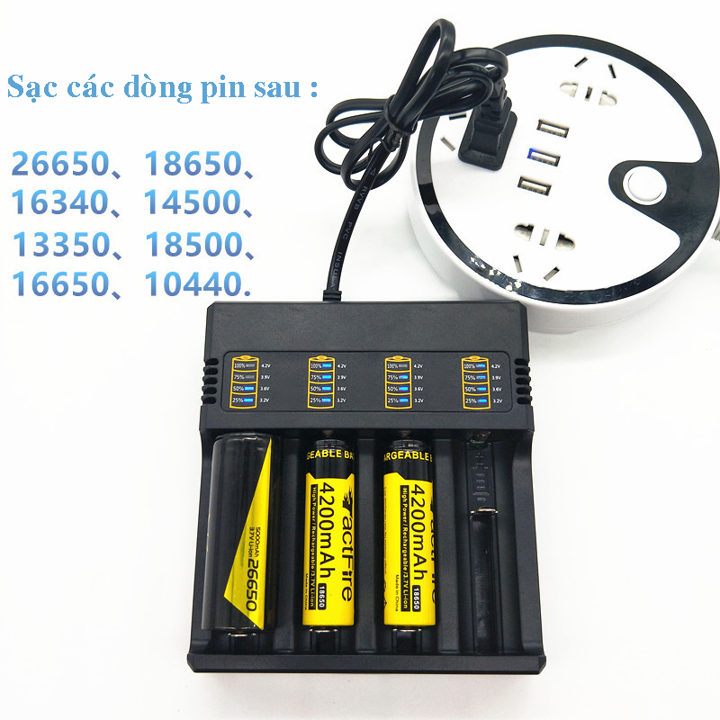 Đế sạc 4 pin 18650 3,7V- 4A  tốc độ sạc nhanh dùng sạc pin đa năng có đèn led báo dung lượng