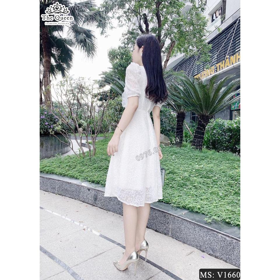 Váy ren dáng xòe cổ V tay ngắn V1660 màu trắng - The Queen Fashion
