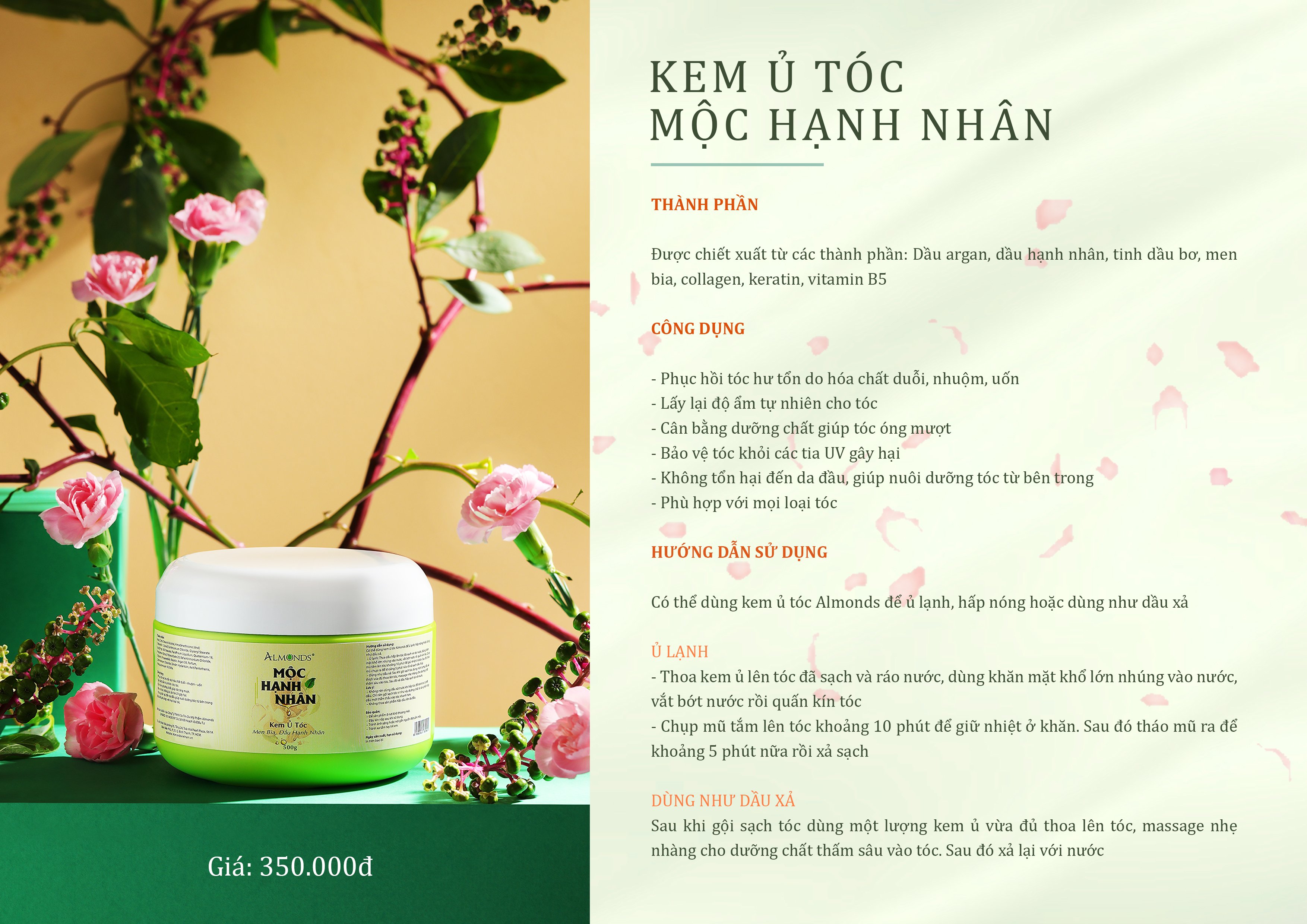 Kem ủ tóc mộc hạnh nhân Almonds-nuôi dưỡng và phục hồi tóc hư tổn gãy rụng- 500g