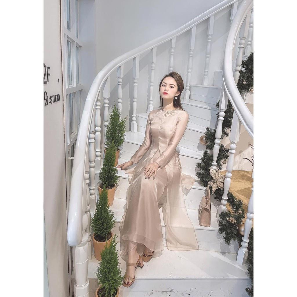 Áo Dài , Áo Cách Tân 4 Tà Tơ Ý Mềm Cao Cấp Xẻ Tà Đính Hoa Sang Trọng , Mã A30