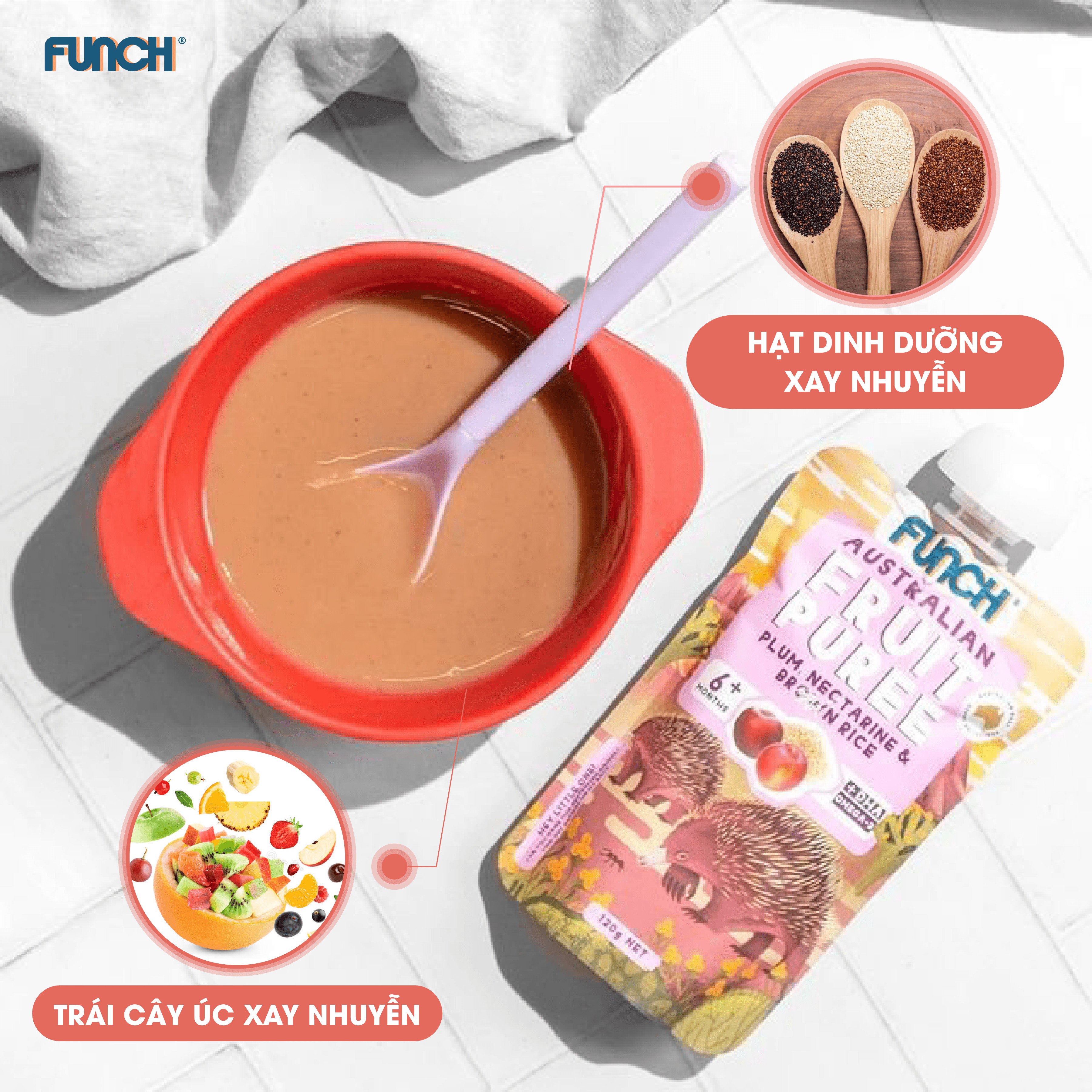 Combo 6 Gói Trái Cây Nghiền Mix Hạt Dinh Dưỡng Cho Bé Ăn Dặm Từ 6 Tháng FUNCH Tặng 1 Gói 120g