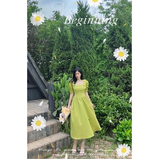 Đầm midi xoè xanh bơ cổ vuông tay phồng dây bản vai
