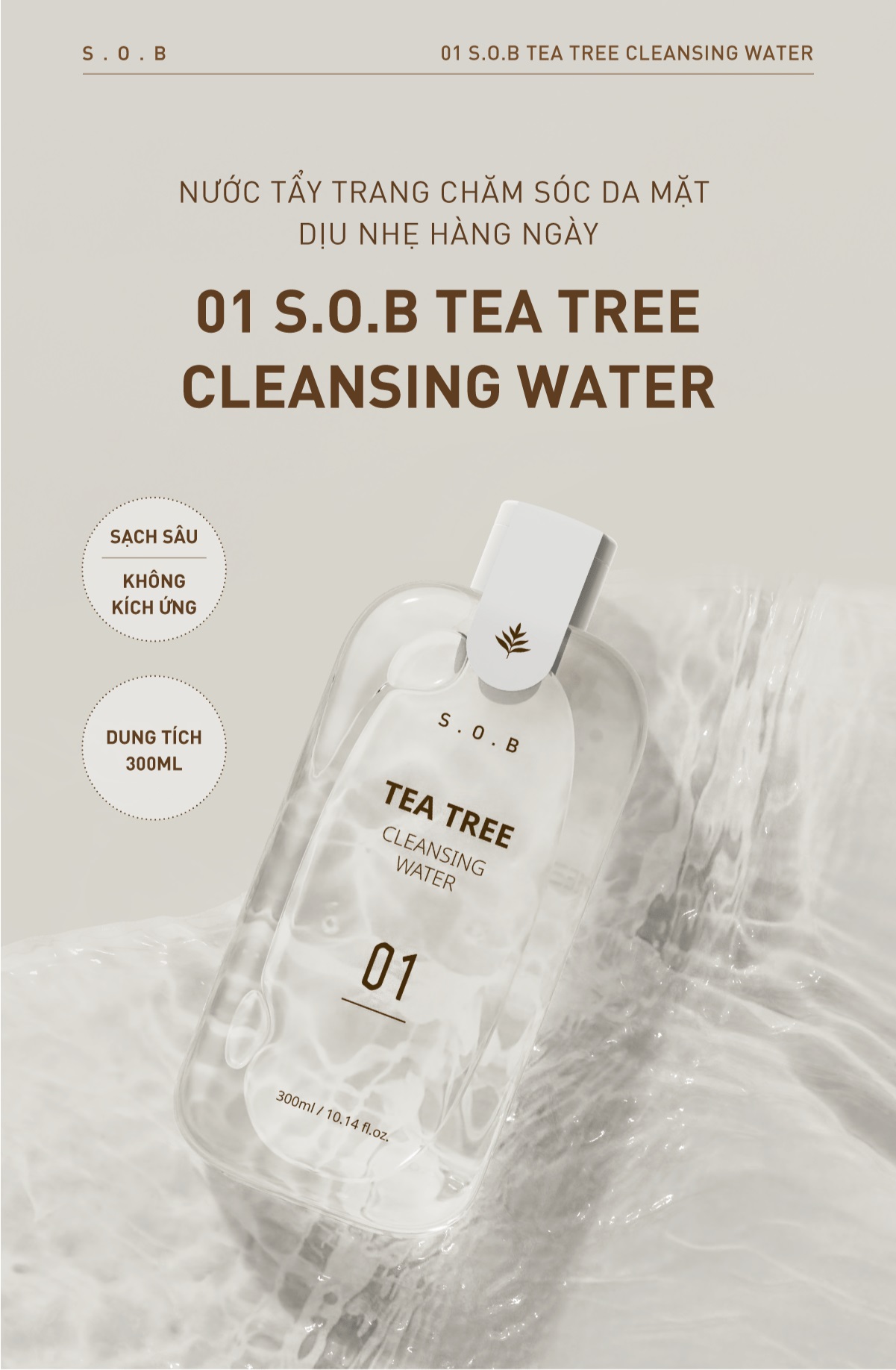 Nước tẩy trang dịu nhẹ cho mọi loại da S.O.B Tea Tree Cleansing Water 300ml ILIVING-SOBNTT300