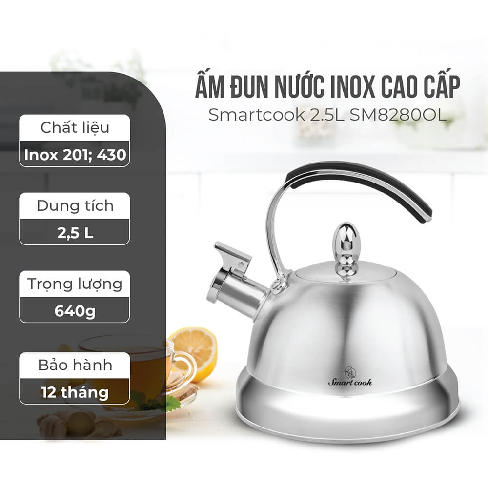 Ấm Đun Nước Inox Cao Cấp Elmich Smartcook SM8280OL 2.5L, Hàng Chính Hãng,Dùng Nhiều Loại Bếp-JoyMall