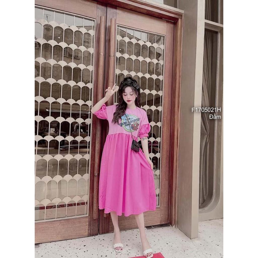 Đầm phối màu dáng suông ngực in hình chữ cổ tròn tay bồng!