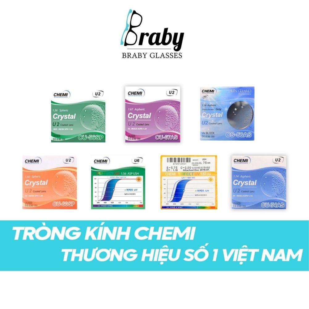 Tròng kính cận loạn siêu mỏng Chemi cao cấp Braby mắt kính chống ánh sáng xanh đổi màu đi nắng chống xước bám hơi nước