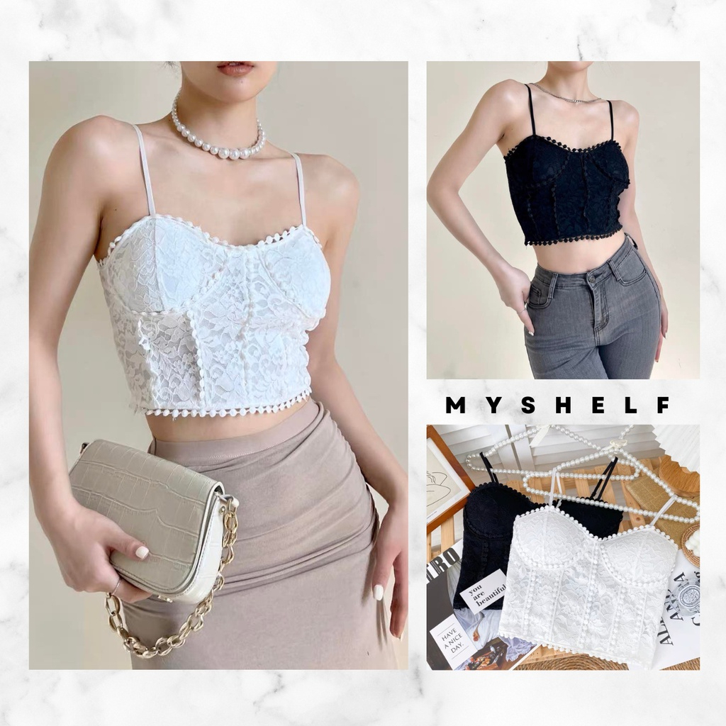 M195. Áo 2 dây ren croptop nữ sẵn mút ngực ren hoa mặc vest sang chảnh, áo kiểu nữ đẹp 2023