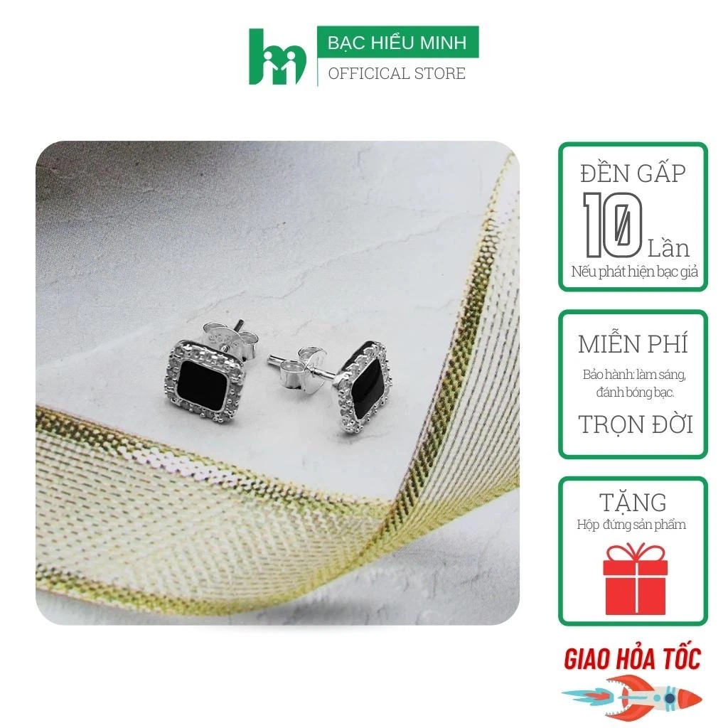 Hoa Tai Bông Tai Khuyên Tai Nam Nữ - Hình Vuông Đính Đá - Bạc Hiểu Minh HT336