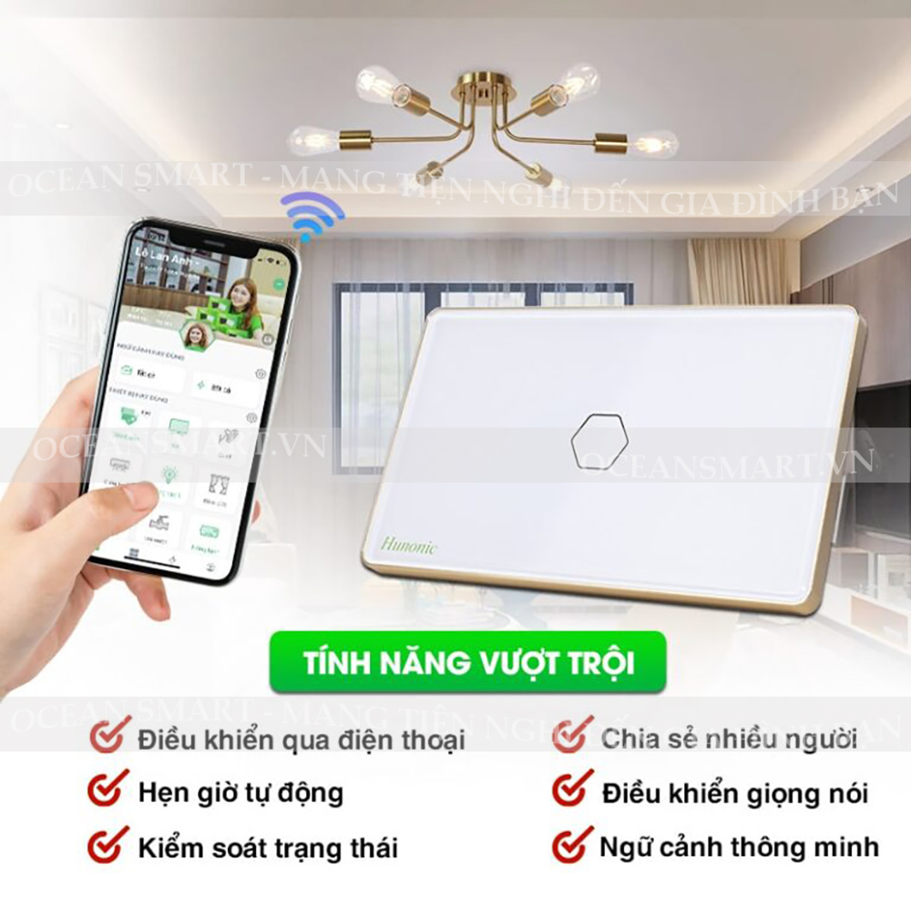 Công Tắc Cảm Ứng HUNONIC Luxury, Công Tắc Thông Minh Bluetooth Mesh Viền Vàng Hình Chữ Nhật - HNLUXC