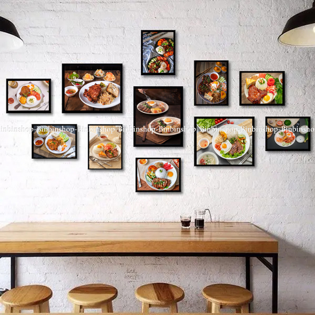 Bộ 11 khung ảnh treo tường trang trí decor quán cơm tấm có sẵn khung và kình kèm đinh treo