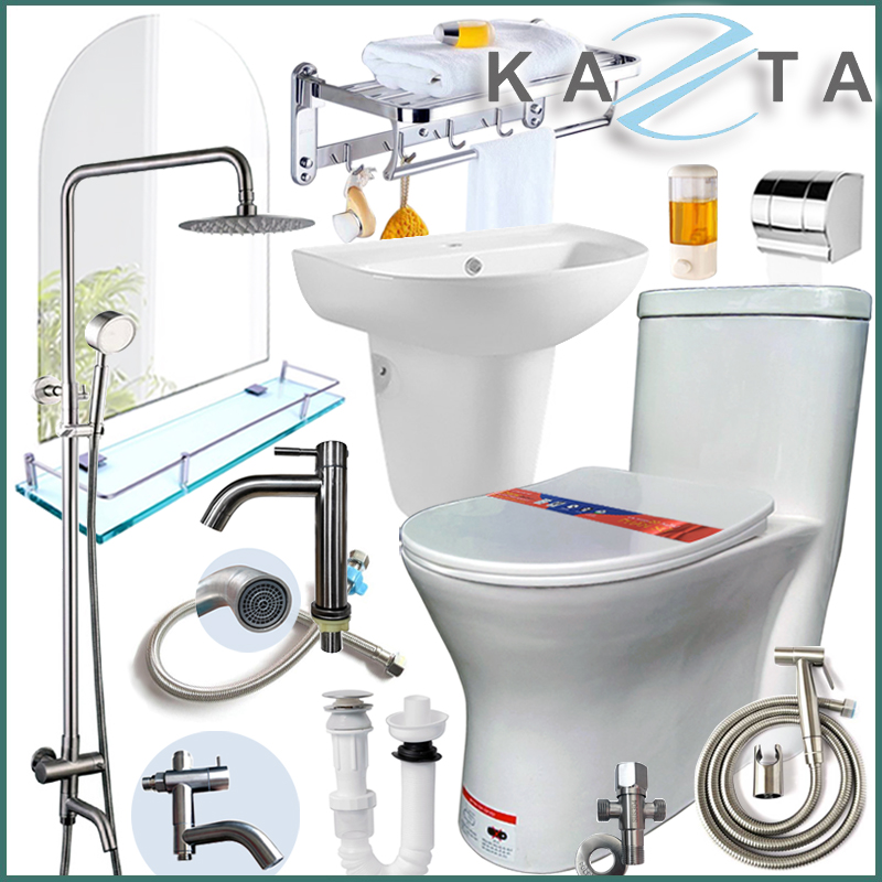 Combo Thiết Bị Nhà Tắm KAZTA KZ-CBT05: Bồn Cầu 1 Khối Xả Nhấn-Lavabo-Treo Tường-Sen Tắm Nóng Lạnh-Vòi Xịt-Giá Treo Khăn Kèm Full Bộ Phụ Kiện Nhà Tắm