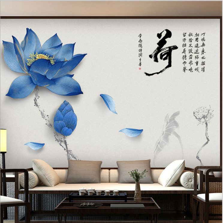 Decal dán tường tranh thủy mặc Hoa Sen xanh sang trọng trang trí phòng khách DH113