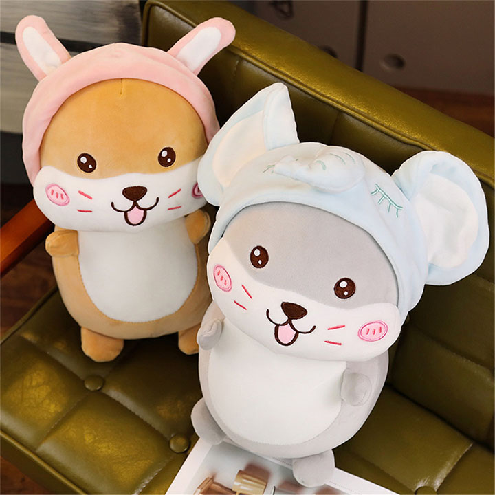 Gấu bông, Gối Ôm chuột hamster mũ xanh siêu cute, Thú nhồi bông chuột hamster mũ xanh siêu cute, Gấu bông sang trọng, Đồ chơi thú bông