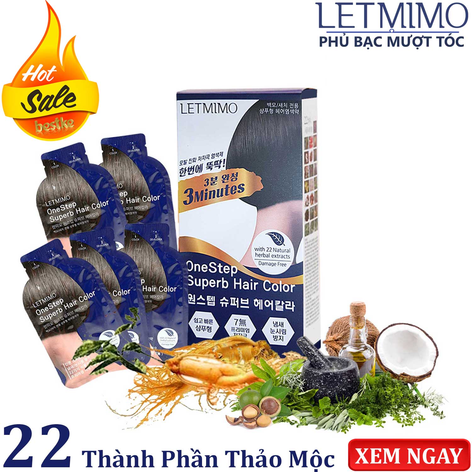 Thuốc Nhuộm Tóc LETMIMO màu nâu đen_2N, nhập khẩu hàn quốc, Hộp 5 gói, mỗi gói 24g